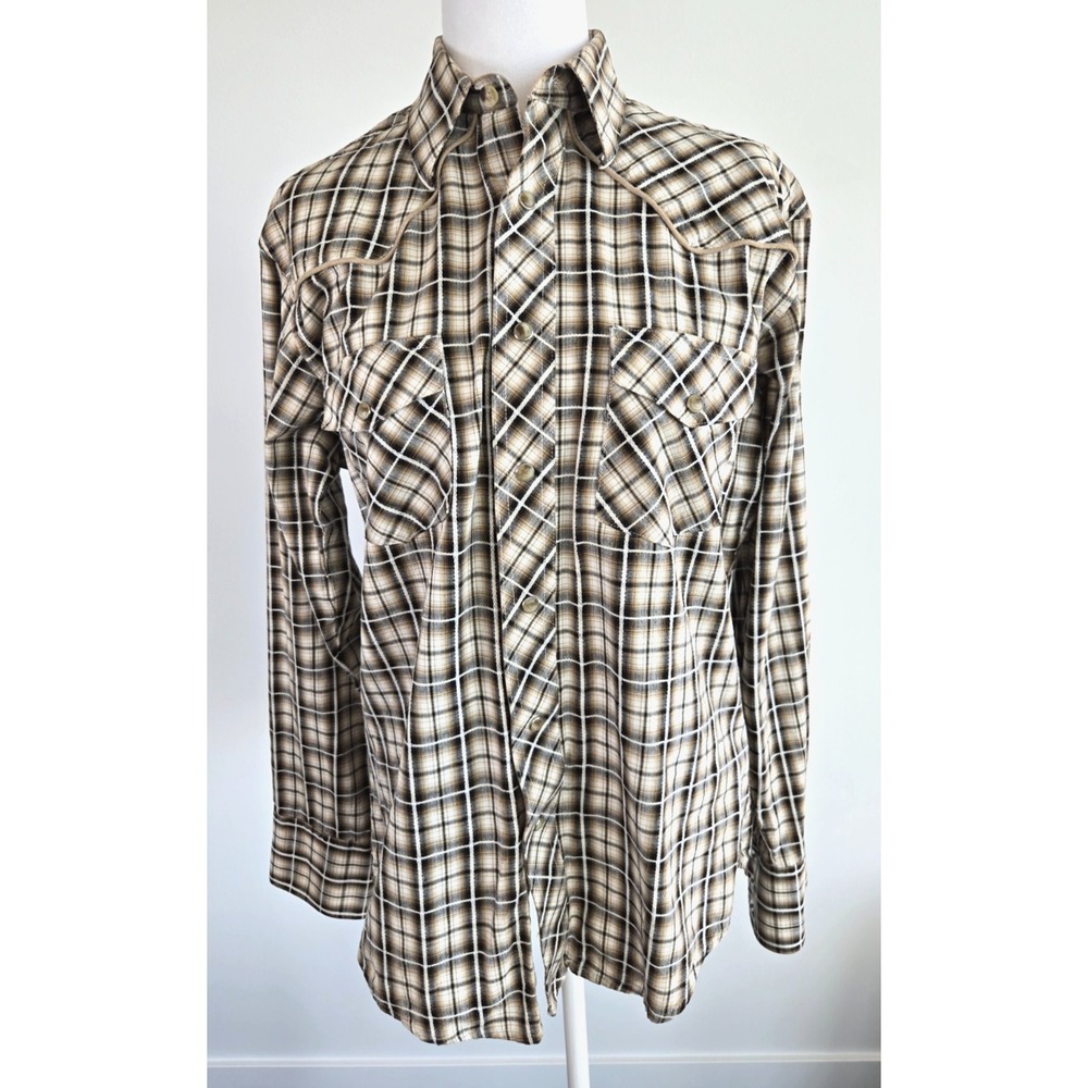 Wrangler Shirt Mens Brown Plaid Long Sleeve Western Pearl Snap Casual Read Sz M